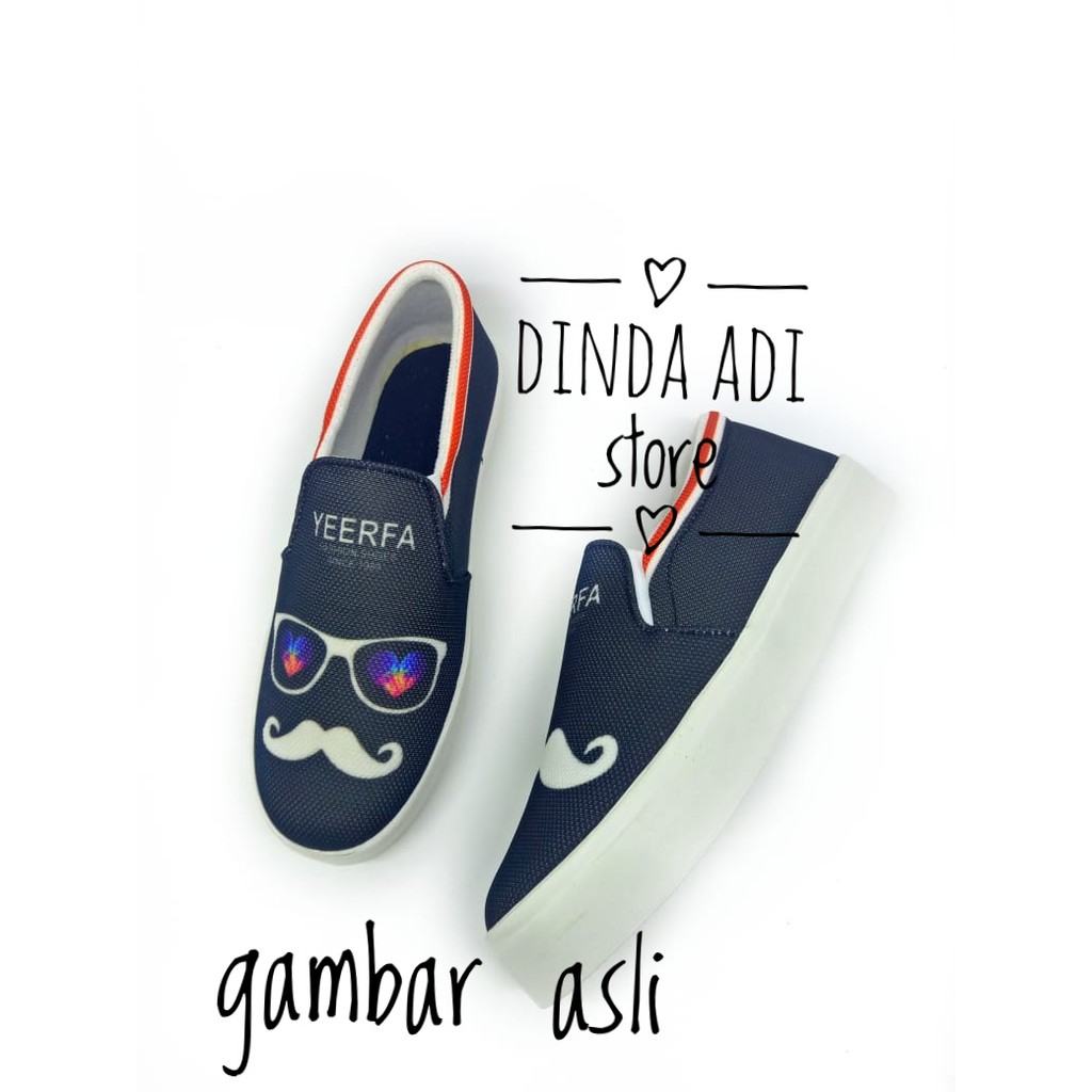 DINDA SEPATU WANITA SLIP ON KUMIS PRINTING BEST SELLER MURAH - HITAM