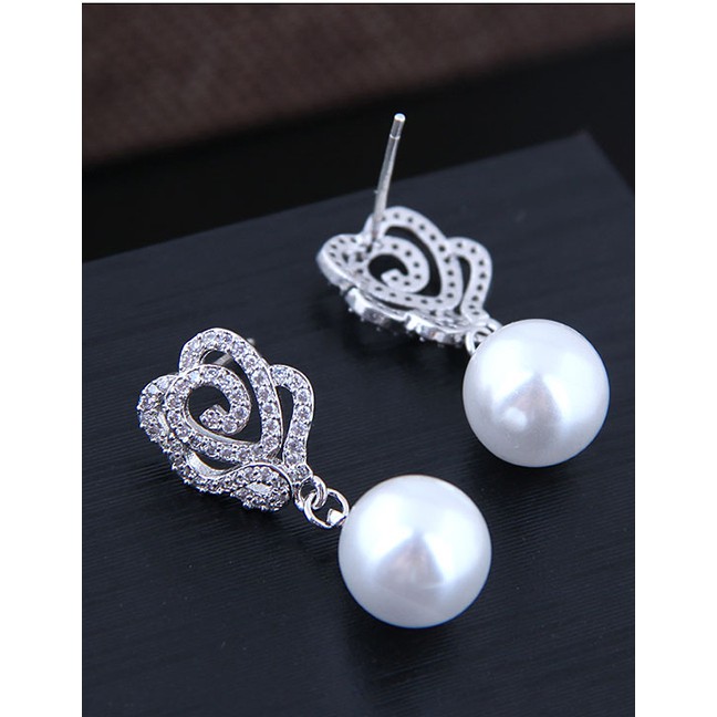 LRC Anting Tusuk Fashion Silver Copper Micro Inlaid Zircon Rose Pearl Stud Earrings A59012