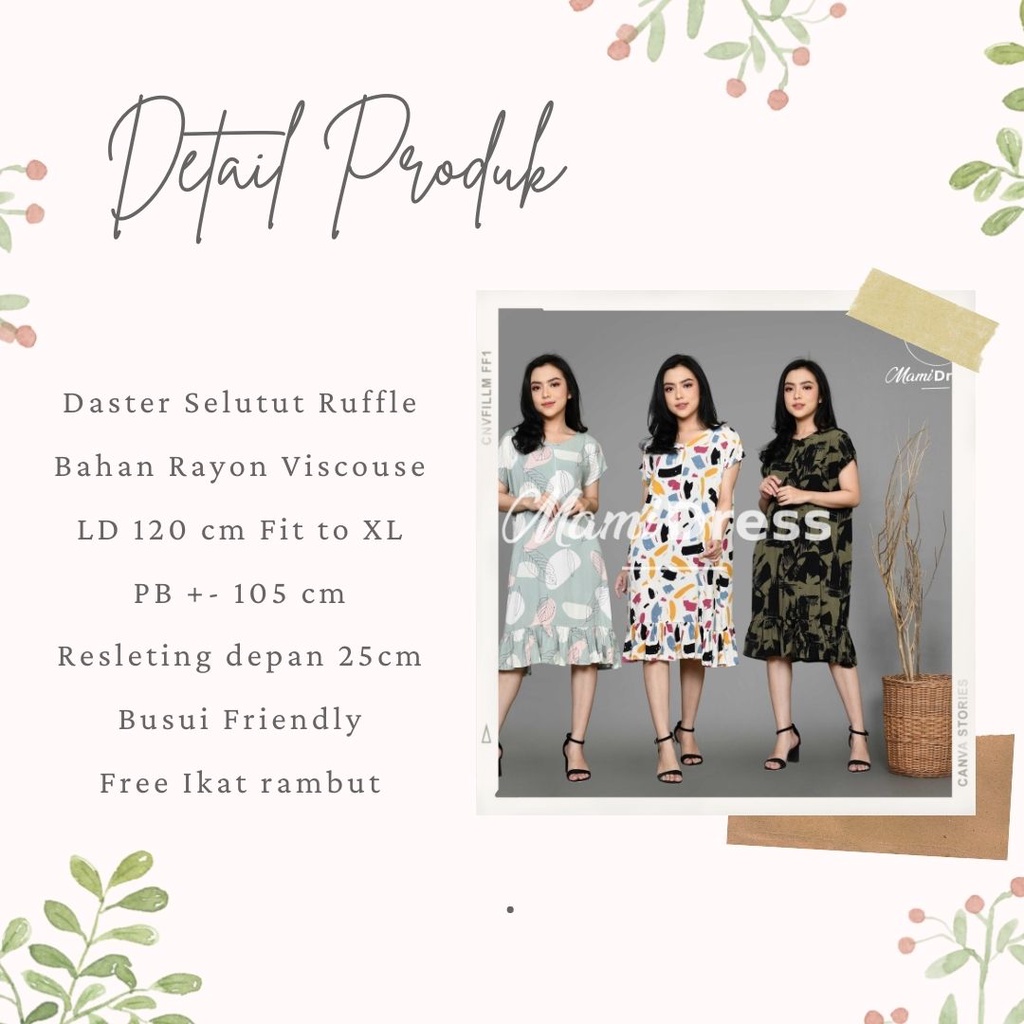 Daster RUFFLE Pendek Selutut Busui Friendly LD 120 PJ 105 Bahan Rayon Viscose merk Mamidress