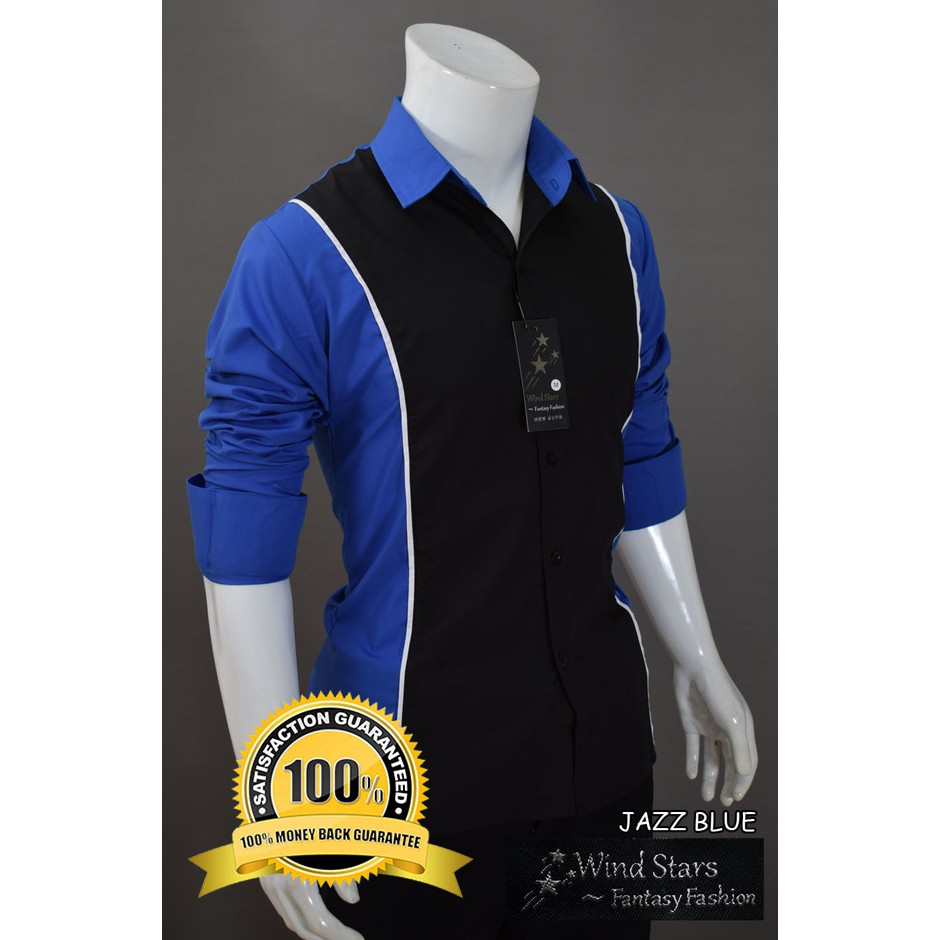 KEMEJA PRIA LENGAN PANJANG JAZZ WARNA BIRU/BLUE MODEL SLIMFIT - STYLE KOREA CASUAL