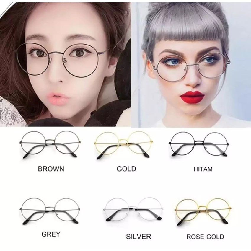 Kacamata Bulat Gaun Up Lensa Bening FREE CASE Logam Kaca Polos Bingkai Spectacles Fashion Korea