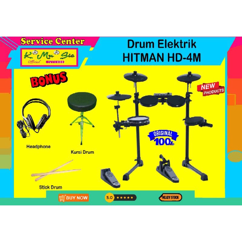 Drum elektrik Hitman HD4M HD 4M HD-4M Original free headphone stick drum kursi drum 2 zone snare pad