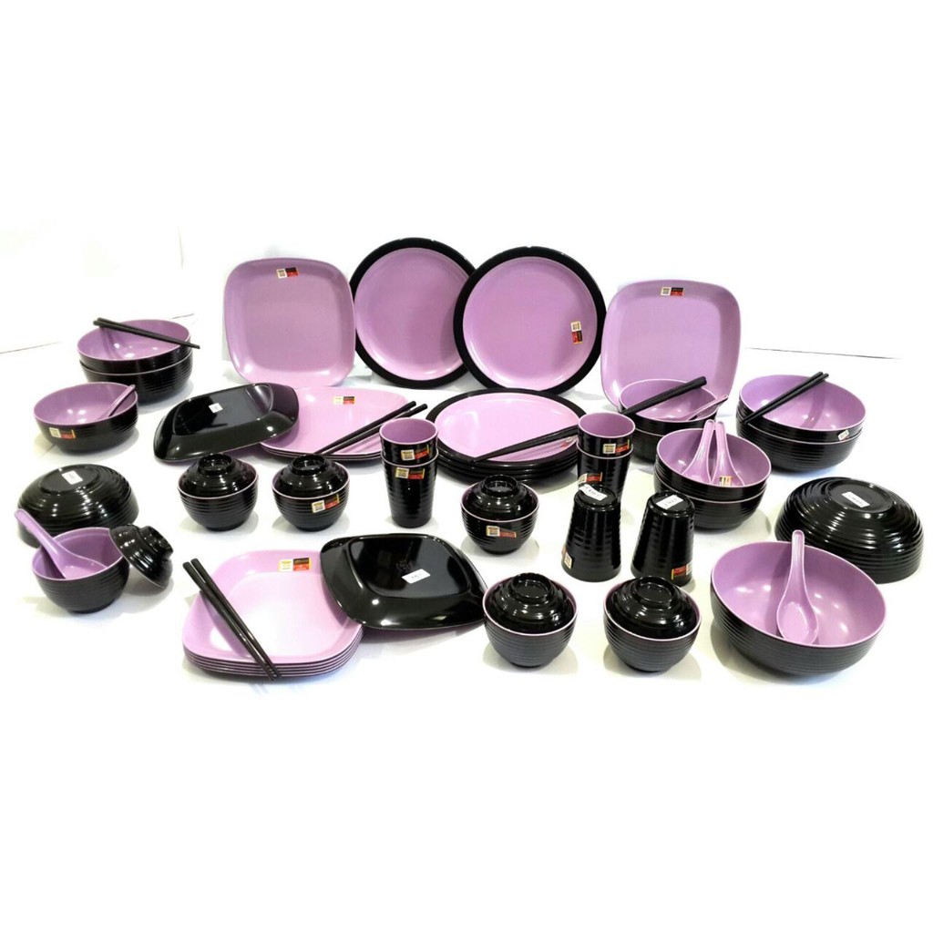 Paket paling lengkap Paket  MELAMIN FAMILY UNGU HITAM  isi 54 pcs MELAMIN PIRING SET Golden Dragon U
