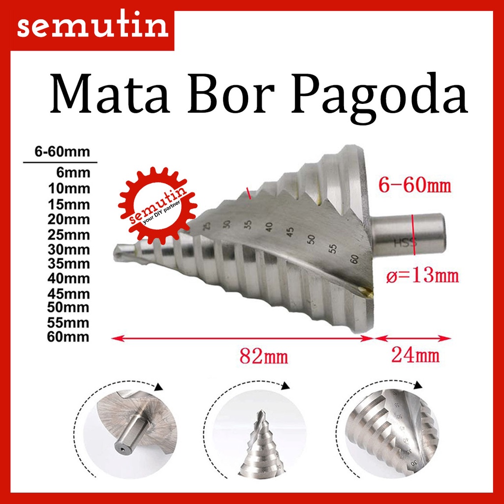 Mata Bor Pagoda 6-60mm / Step Dril Drill Spiral / Kerucut Cone Besi Kayu Plastik