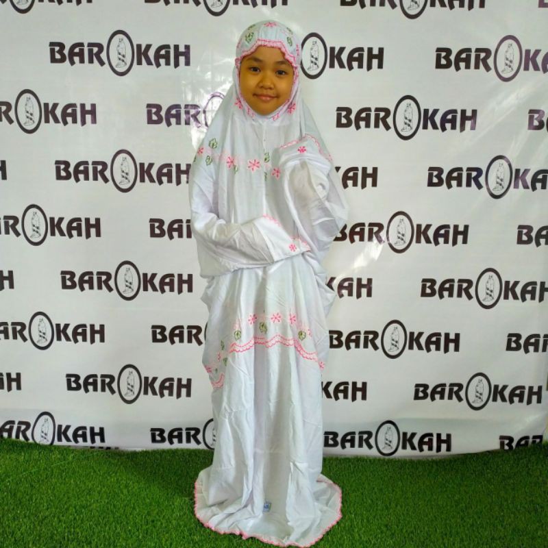 MUKENA BAROKAH RAYON PUTIH BORDIR TERUSAN LAJURAN ANAK