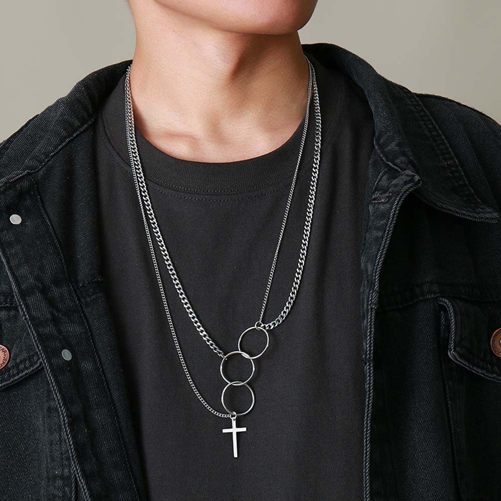 Needway  Trendy Circle Necklaces Punk Choker Clavicle Chain Metal Linked Double Layers Cross Pendant Men For Women Harajuku Fashion Jewelry/Multicolor