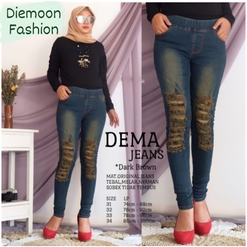 SIZE 31-38!NEW AND LIMITED!! DEMA JEANS VARIASI SOBEK BARU TIDAK TEMBUS PINGGANG FULL KARET NYAMAN