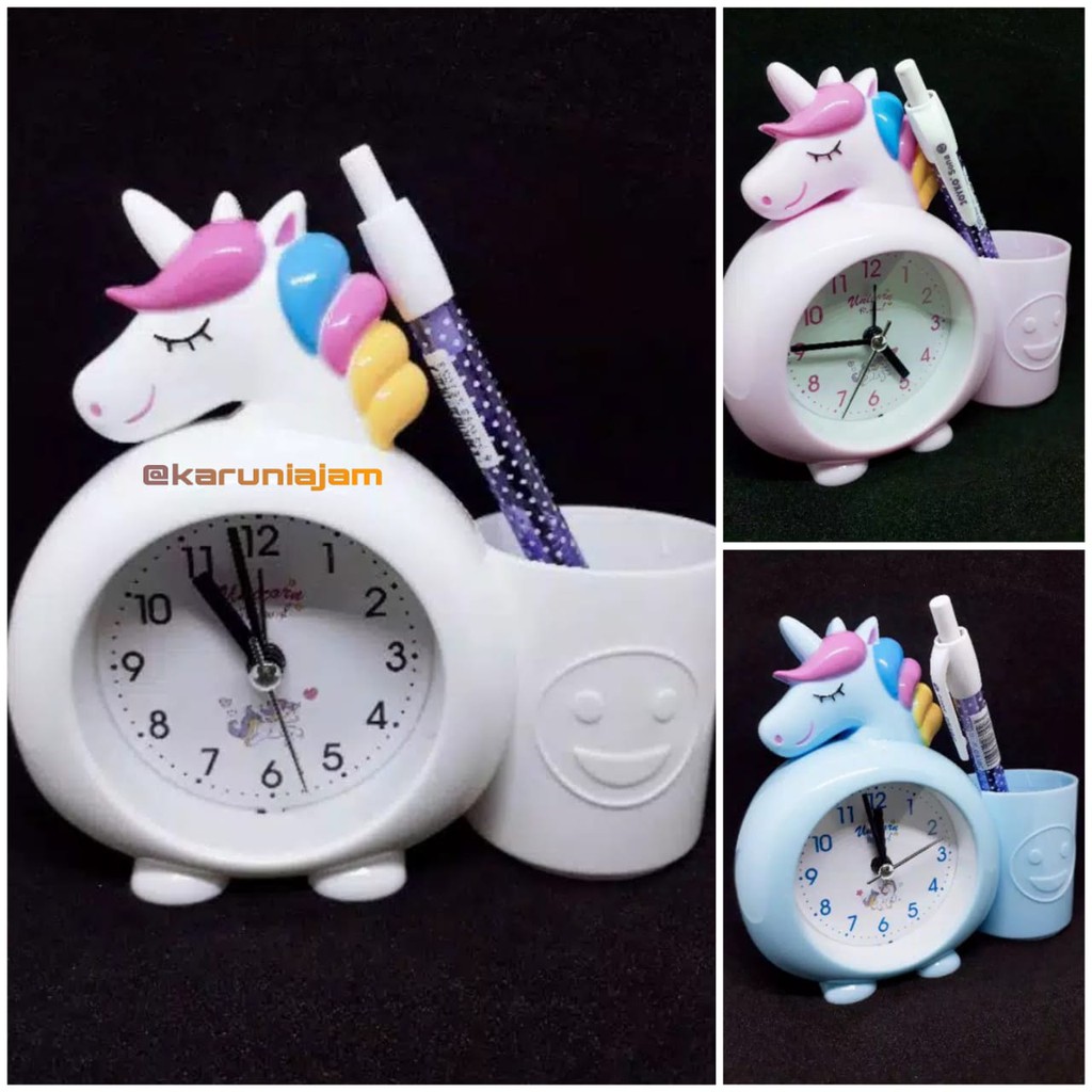 KARUNIA JAM - JAM BEKER ANAK UNICORN [ADA TEMPAT PENSIL BOLPEN] JAM ALARM MEJA