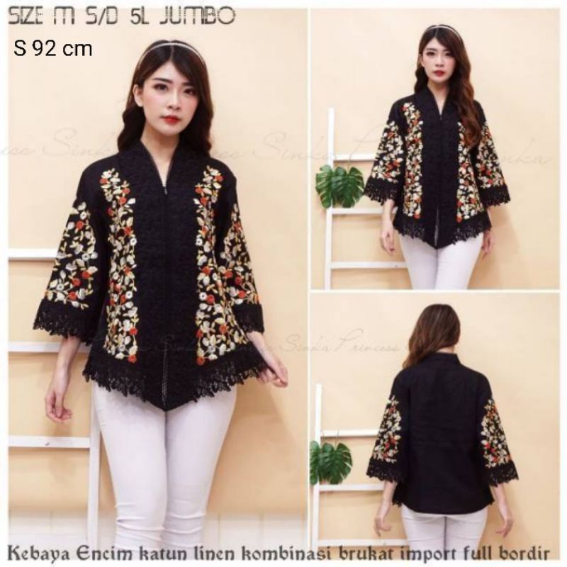 Kebaya Encim Senada modern katun kombinasi brukat import full bordir hitam
