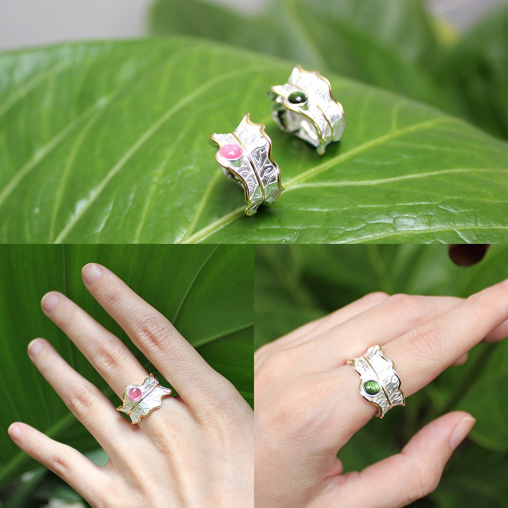 SERI SERI Cincin Wanita Perak 925 Asli Tourmaline Leaf Sterling Silver Adjustable Ring Daun Kadaka