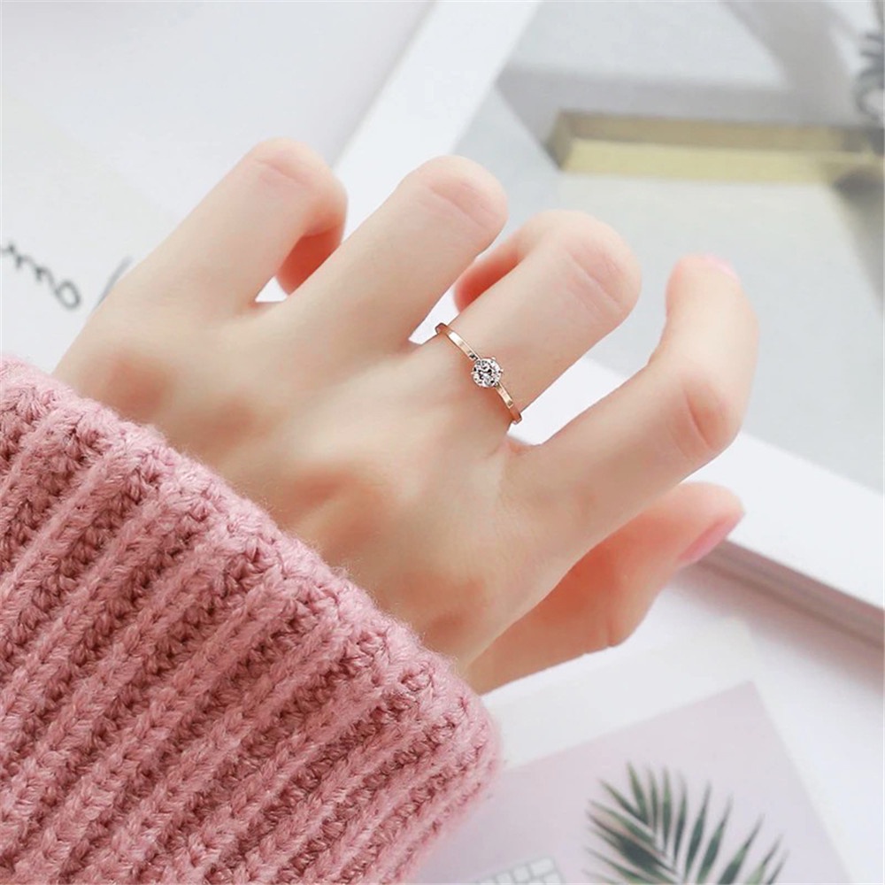 1 pcs Korea Titanium Steel Light Luxury Rose Gold Cincin Tipis Berlian Enam cakar untuk Wanita
