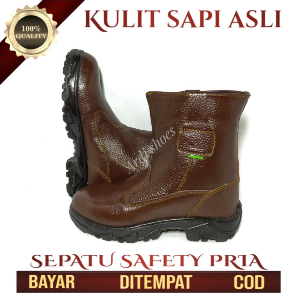 Sepatu Safety Boots Pria Kulit Asli Sepatu Tinggi Proyek Septi Cowok Lapangan Sepatu Ujung Besi