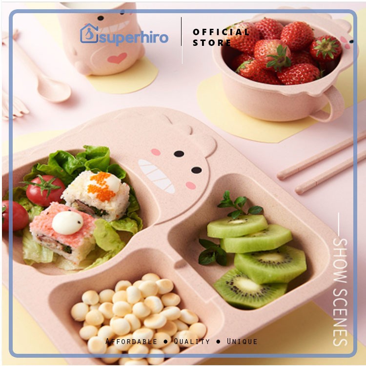 BPA Free Set 6 in 1 Dino Piring Makan Komplit Anak Baby Mangkok Bamboo