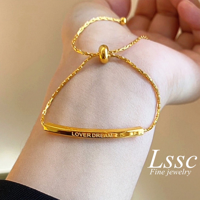 Gelang Titanium Wanita Anti Karat Huruf LOVER DREAM Emas 18K Mewah Perhiasan Korea