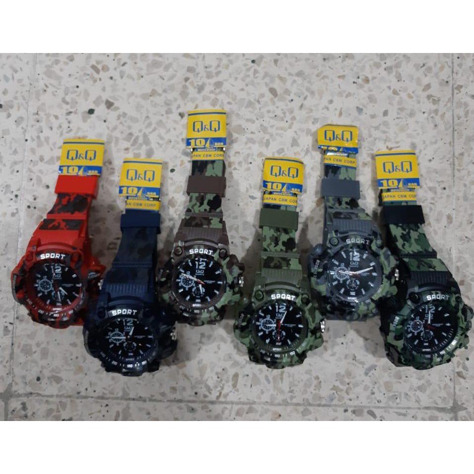 Jam tangan Pria sport Q&Q Loreng army tali rubber QQ army tali kualitas bagus