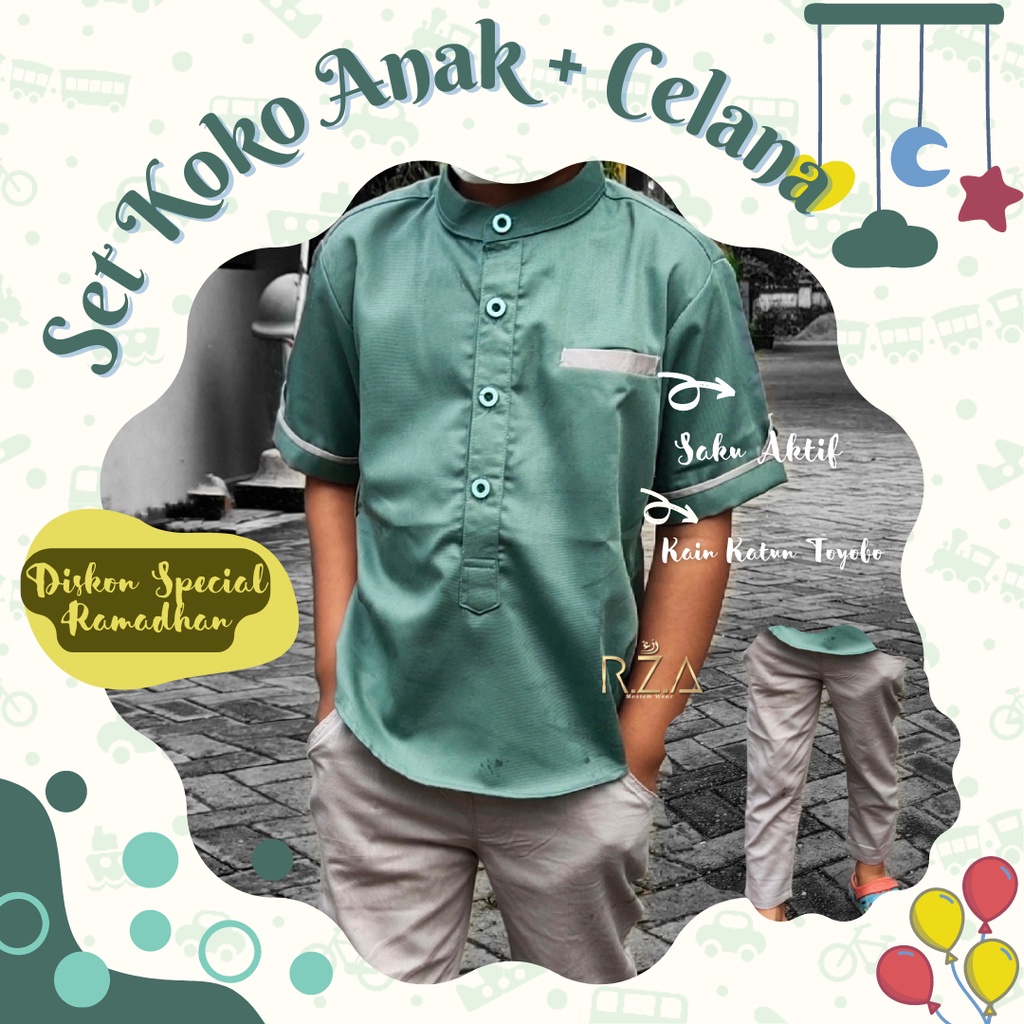 Setelan Koko celana Hijau Mint Tosca Abu Muda Anak bayi 6 bulan 1 2 3 4 5 7 8 tahun remaja grey musl