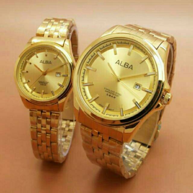 Jam Tangan Couple ALBA Date Rantai Full Gold Kw Super