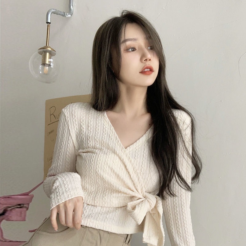 kaos wanita korean style V-neck lengan panjang T-shirt bandage bottoming shirt baju atasan pendek