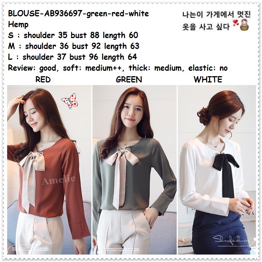 AB936697 Baju Atasan Lengan Panjang Blouse Dasi Pita Wanita Korea Import Putih Hijau Orange Green White