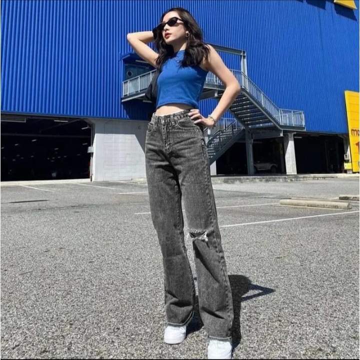 Highwaist Kulot Jeans Wanita Loose Sobek Sebelah Riped