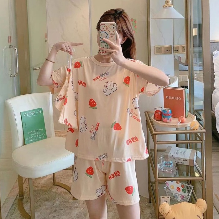 Piyama Baju Tidur Import Wanita Fashion Sleepwear Spandex Stelan Rumah Baju Santai Celana Pendek z-POUCH- Berry Rabbit