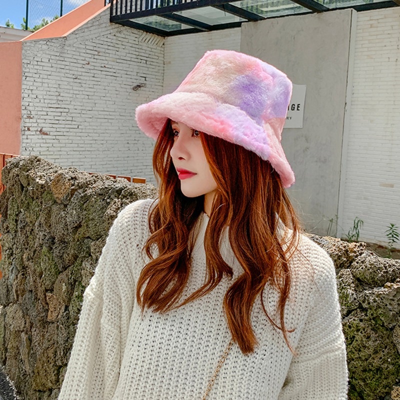 Topi Bucket Bahan Plush Wol Domba Tebal Hangat Warna-Warni Pelangi Gaya Korea Untuk Wanita