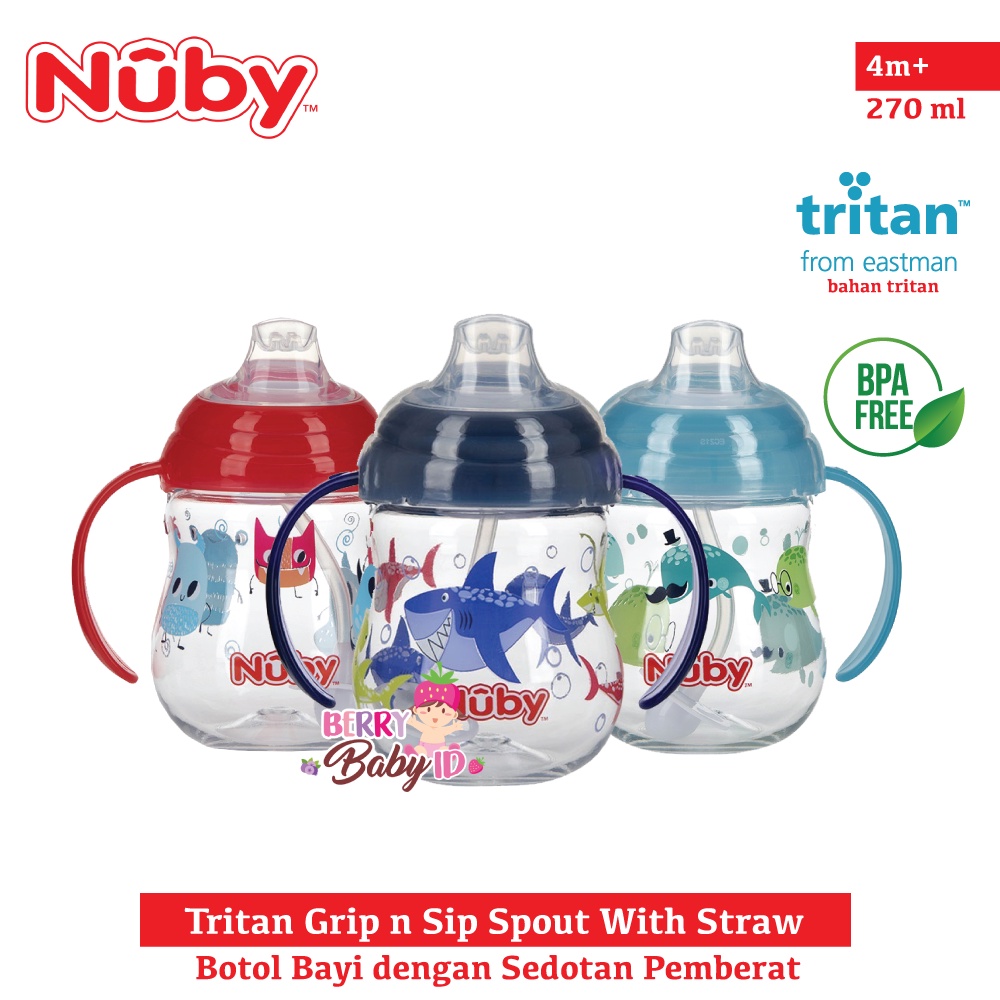 Nuby Tritan Grip n Sip Spout With Straw Training Cup Botol Sedotan Bayi Anak BPA Free Berry Mart