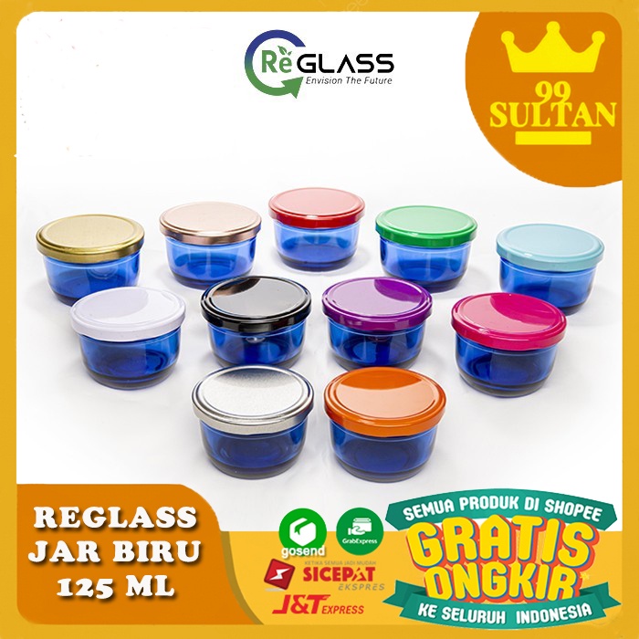 (GROSIR) TOPLES KACA KECIL BIRU 125ml Toples Bumbu Sambal / Candle Jar