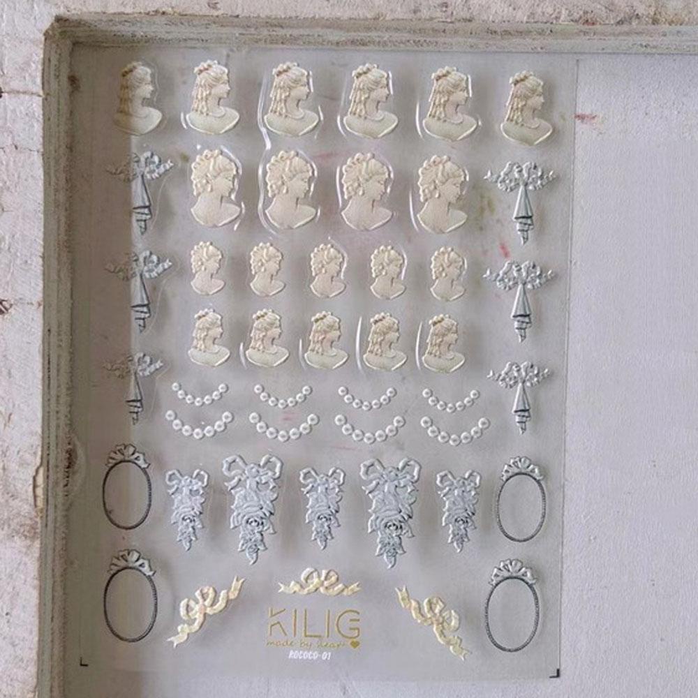 Mxbeauty 5D Stiker Kuku Timbul Salon Gaya Eropa Love Hati Mutiara Bunga Retro Rococo Nail Art Dekorasi