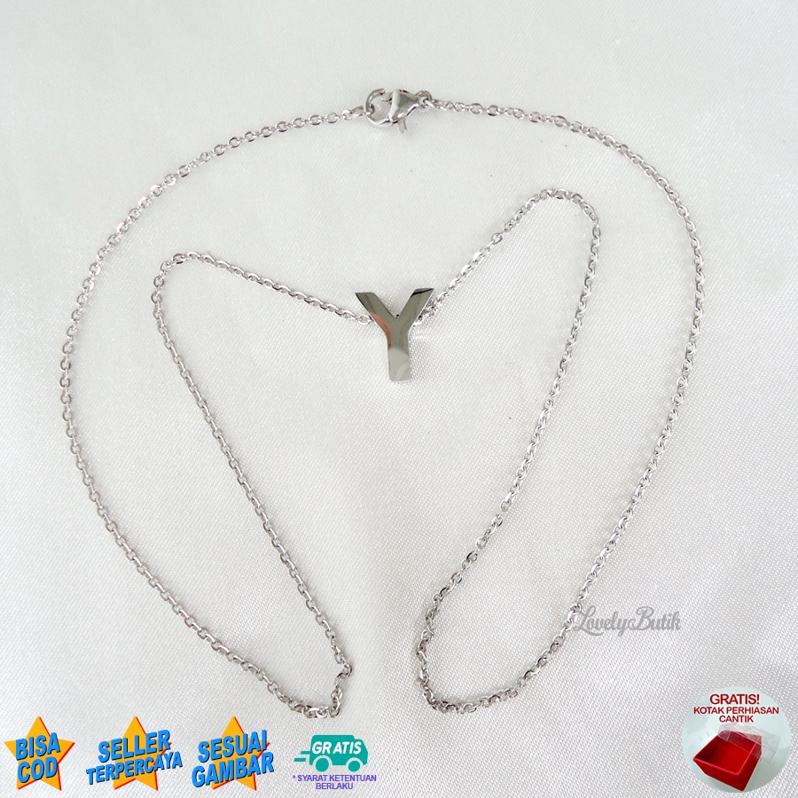 Lovelybutik Kalung Titanium Inisial Abjad Nagita 4ccent Kalung Alfabet Huruf Titanium J,K,PV,W Warna Silver Bonus Kotak Perhiasan