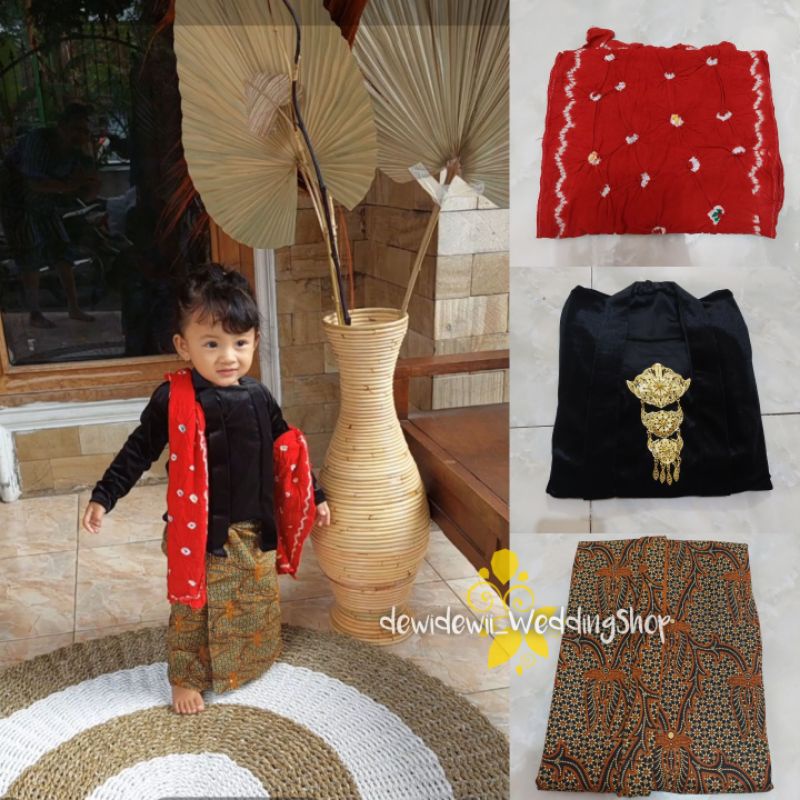 [1 Set] Kebaya Anak + Jarik Instan + Selendang, Motif Truntum Hijau