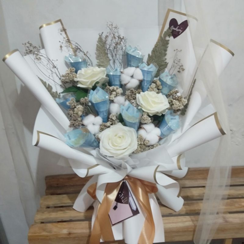 buket uang 10 lembar mixed bunga kering dan bunga artificial, bucket uang aesthetic, money bouquet b