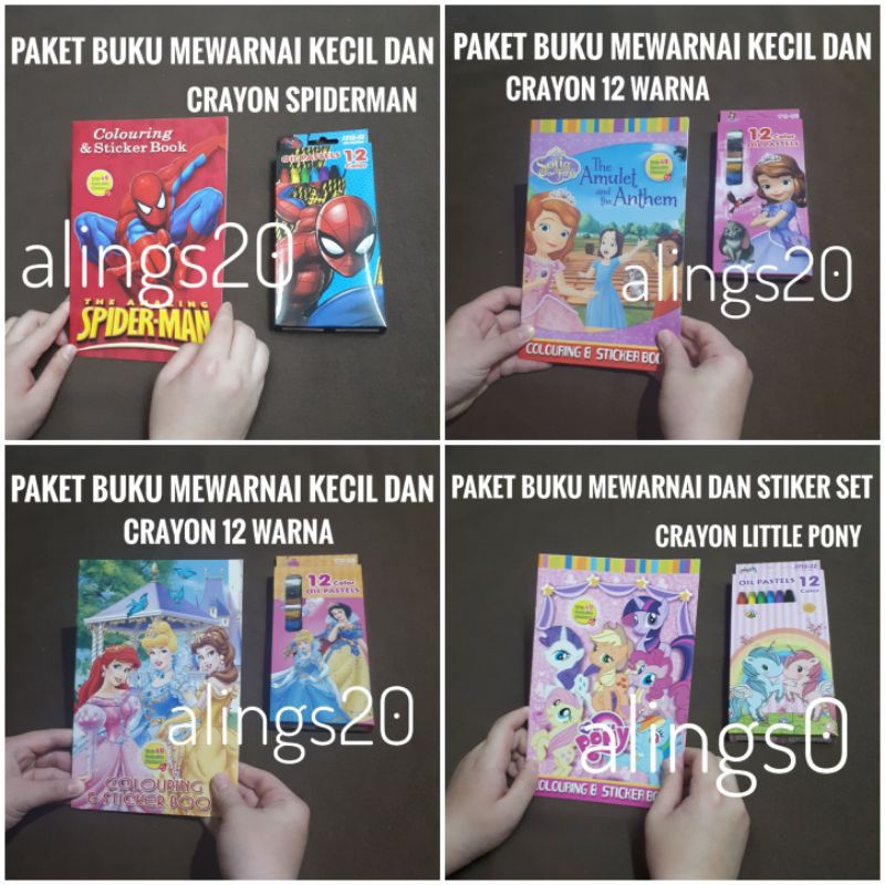 Paket Buku Anak Mewarnai Dan Sticker Set Crayon Karakter Pony Spiderman Sofia Princess