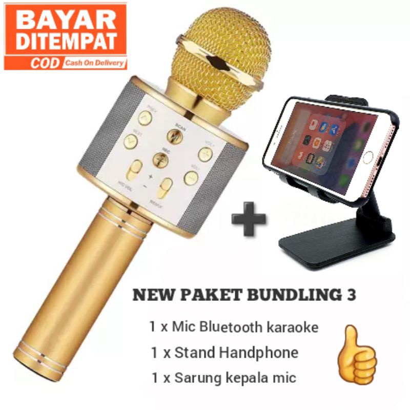✅PAKET BUNDLING Mic Karaoke Bluetooth Ws858 With Folding Stand Handphone Universal