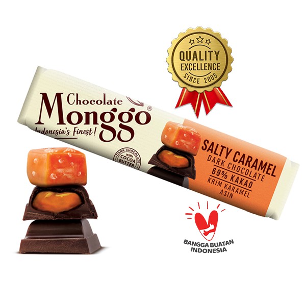 

Chocolate Monggo | Salty Caramel & Dark Chocolate 40gr | Coklat Murni 100% Cocoa Butter | Krim Karamel & Cokelat Hitam | Bar Snack