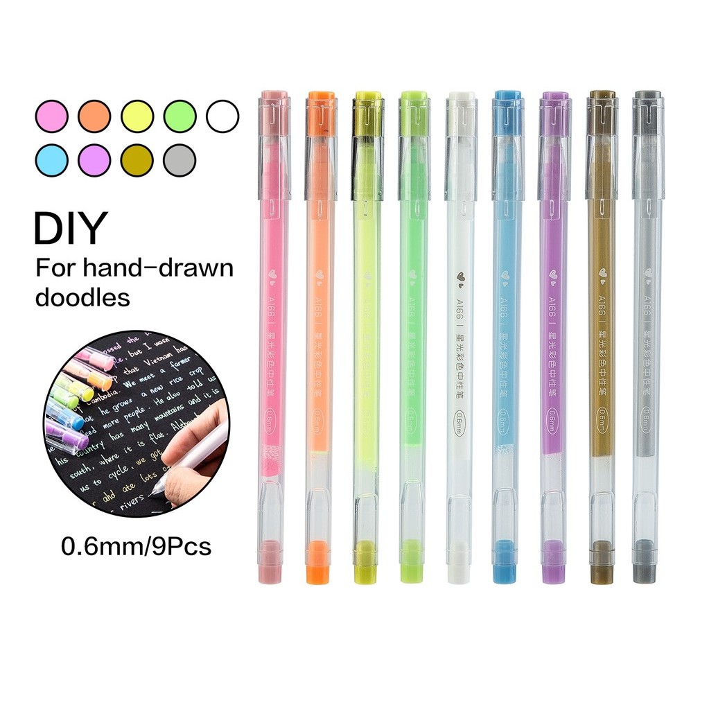 

PEN GEL WARNA SET 9 FLUORECENT PASTEL 0.6 MM BALLPOINT DELI A-166 DELI SOFT COLOUR KERTAS HITAM