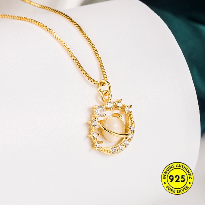 Kalung Rantai Klavikula Bahan S925 Silver Lapis Emas 18K Hias Opal Planet Untuk Wanita