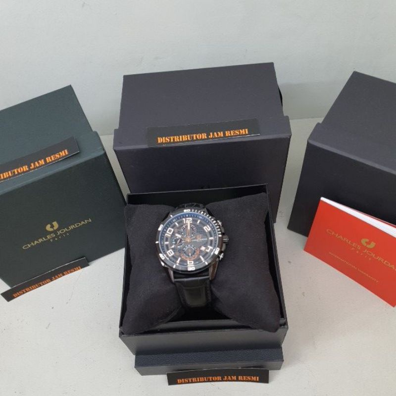 Jam Tangan Pria Charles Jourdan CJ1046-1735C All Black Leather Cronograph