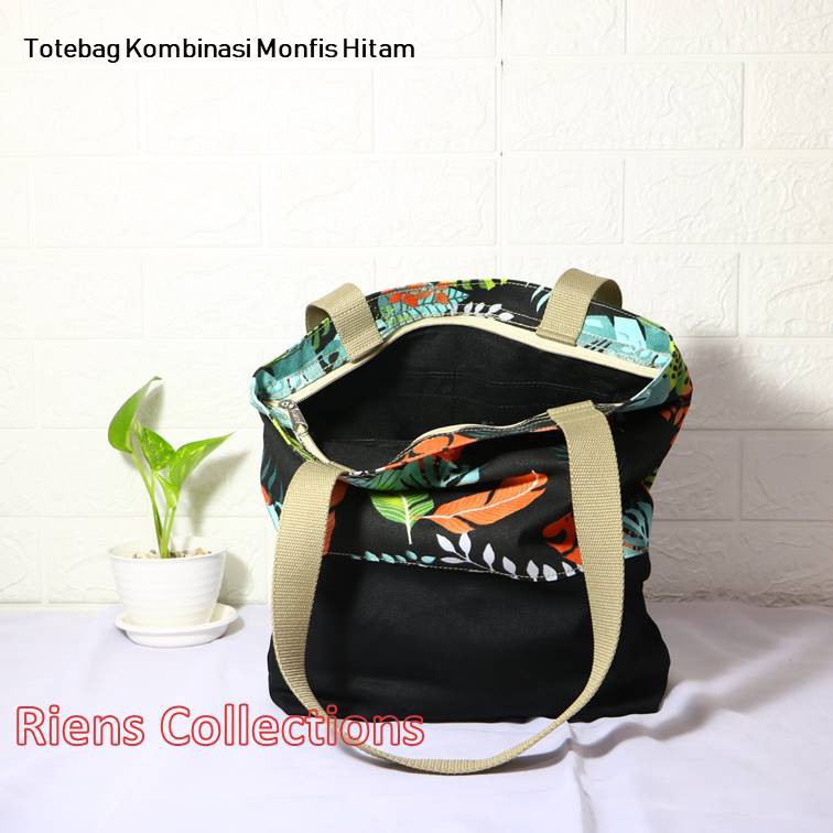 TAS KANVAS TOTEBAG KANVAS KOMBINASI MOTIF MONFIS HITAM. Riens Collections