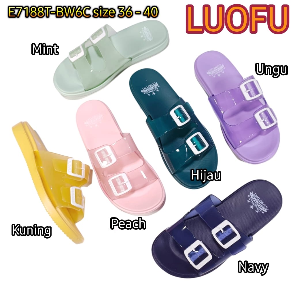 LUOFU ORIGINAL jelly sandal karet empuk murah wanita selop import ban 2 sendal cewek E7188T-BW6C