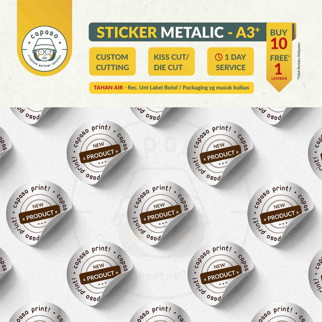 

Cetak Print Stiker Label Metallic A3+ Kemasan Dus Gelas Botol Seal Segel
