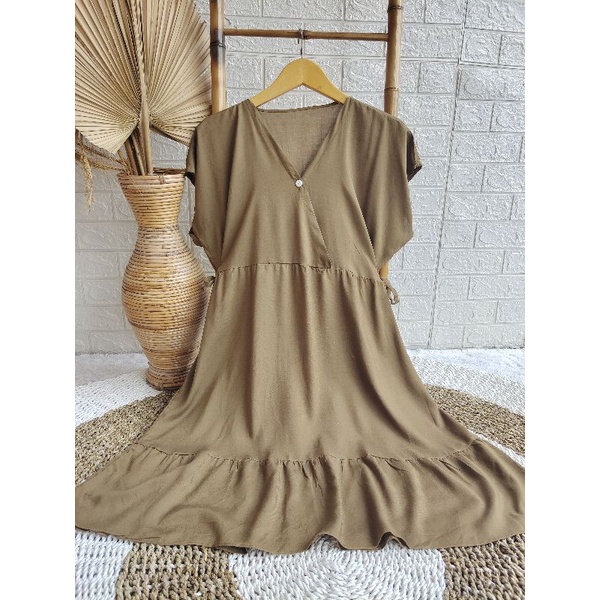 Daster Kimono Pendek || Daster Kimono Polos || Dres Kimono || Daster Rayon || Daster Rayon Busui || Daster Ruffle Busui-OLIVE