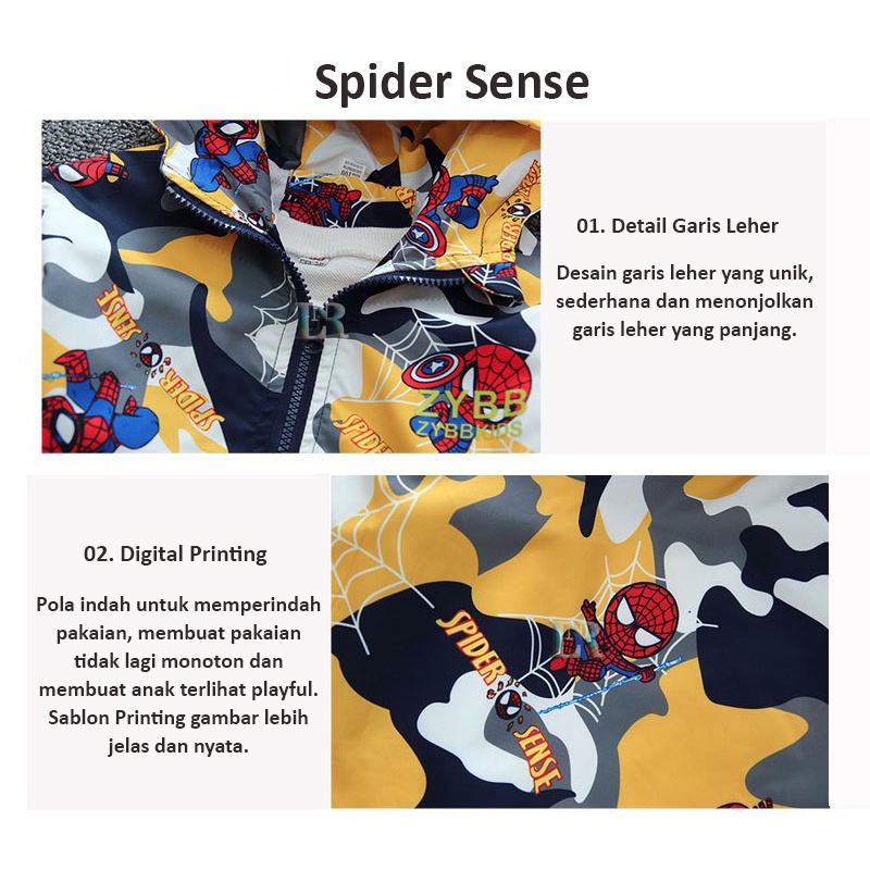 Jaket Anak Laki - Laki Motif Gambar Spider Man Dilengkapi Dengan Topi Hoodie Sweater Bahan Parasut Anti Air Anak Cowok Premium Quality Import for Boy Boys Jacket Cocok untuk Musim Panas atau Musim Dingin Baju Pakaian Hangat Spiderman