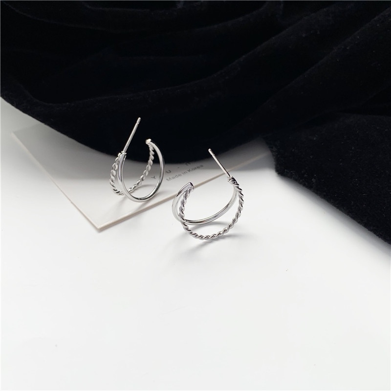 Anting Silver Needle Double Layer Bentuk Lingkaran Gaya Retro Korea Untuk Wanita