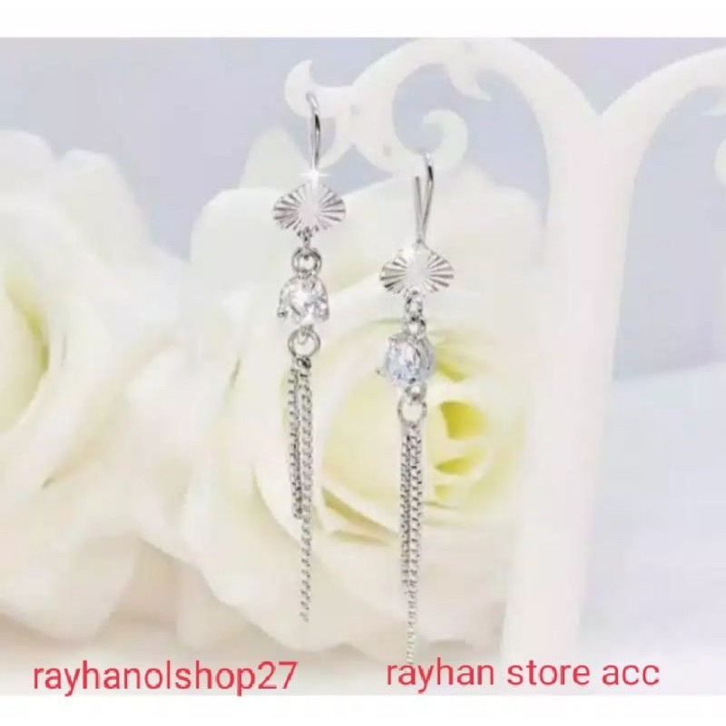 Anting cantik wanita titanium Permata SILVER dan gold motif rumbai-rumbai anti karat lapis emas 22 K