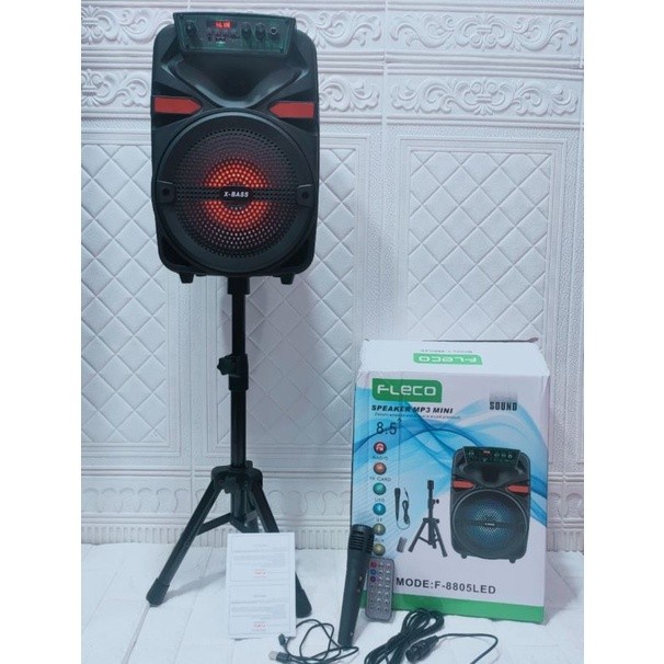 COD SPEAKER BLUETOOTH FLECO F-8805 LED 8.5 INCH X-BASS BONUS  MIC + STAND //SPEAKER KARAOKE F-8805 X-BASS// SALON AKTIF FLECO X-BASS F-8805