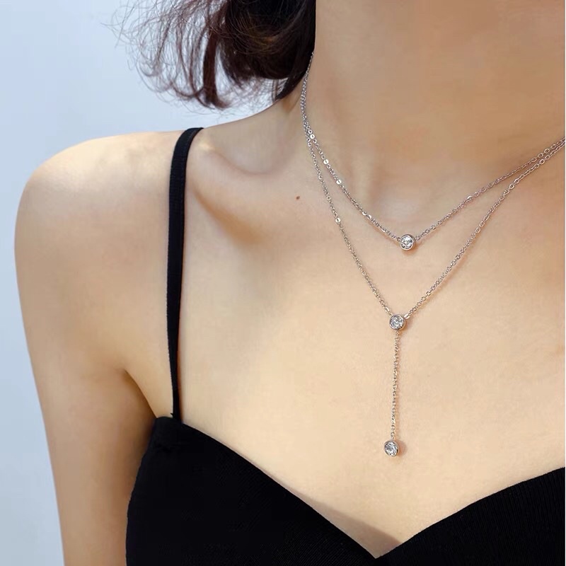 Kalung Titanium Premium Import Liontin 2 Layer Mata Tanam Diamond Aksesoris Fashion Wanita Korea Pesta Awet Anti Karat  Aksesoris Wanita Perhiasan Korea  Perhiasan wanita /  Kalung  wanita terbaru kekinian /  Kalung  emas wanita /  Kalung  tangan wanita /