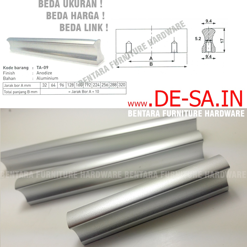 HUBEN TA-09 32 MM TARIKAN LACI MEJA LEMARI KABINET GAGANG PINTU HANDLE ALUMINIUM ANODIZE ( SEKITAR 3 - 4 - 5 CM )