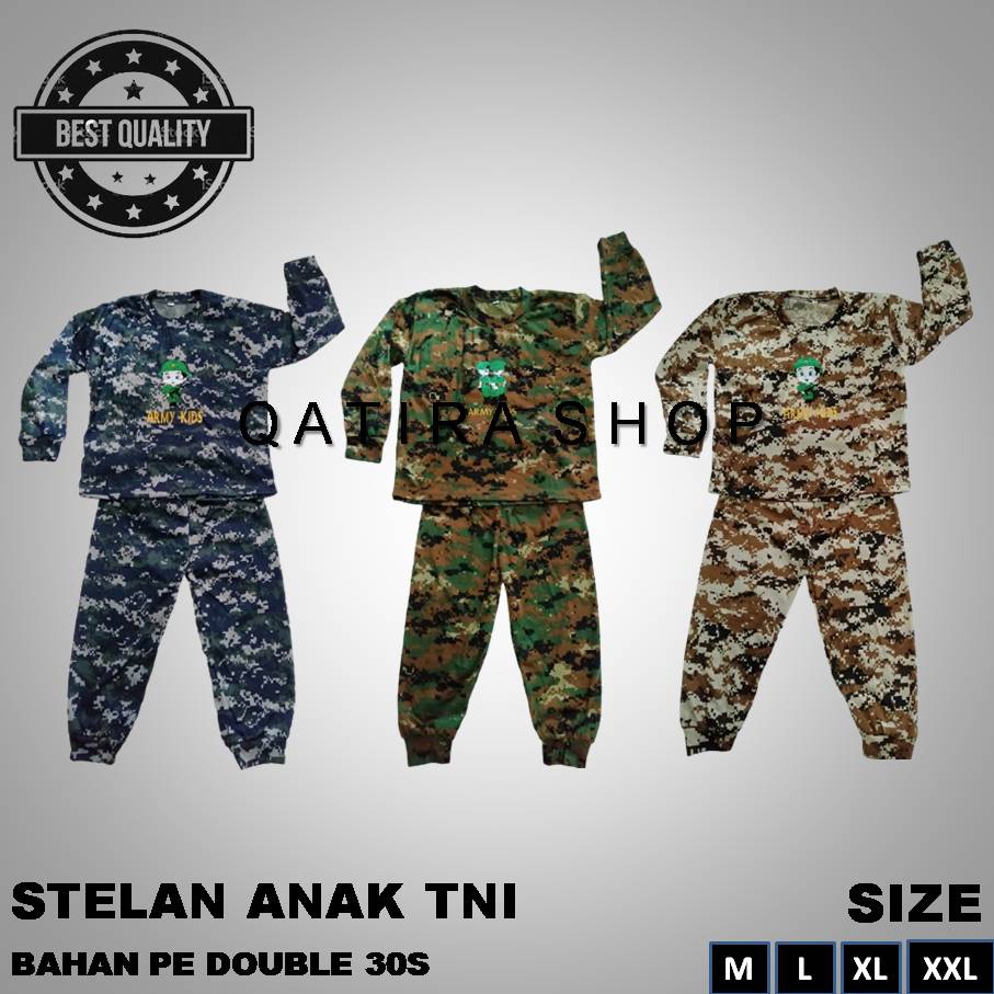 SETELAN BAJU KAOS PIYAMA ANAK LENGAN PANJANG LORENG ARMY TNI BAHAN KATUN PE DOUBLE
