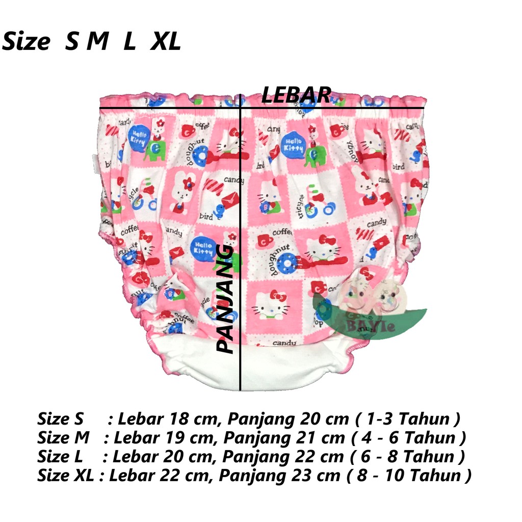 BAYIe - 12 PCS Celana Dalam/CD Anak Perempuan/Cewek NECI KITTY MF Bahan 100% KATUN DK Tebal SNI